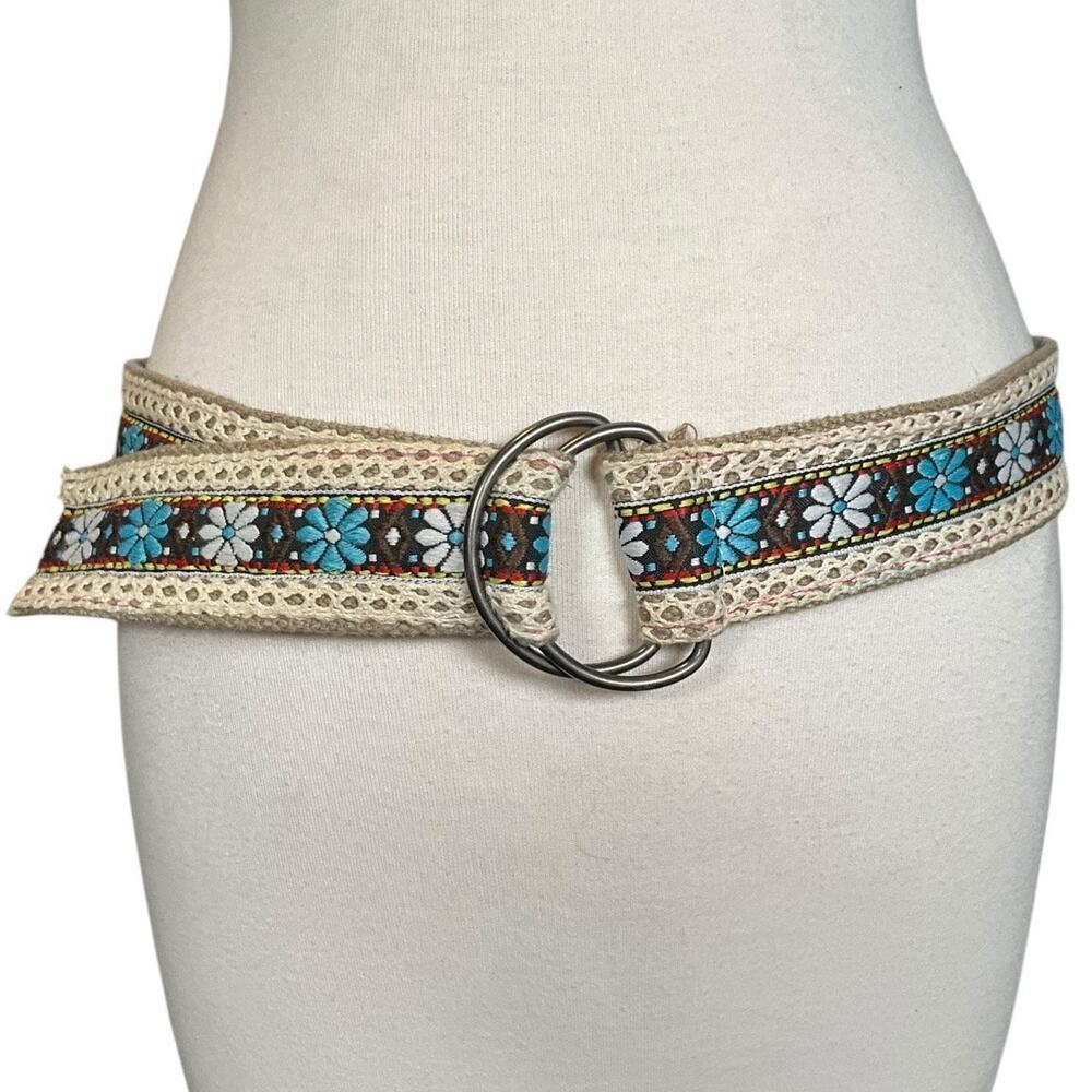 Y2K Boho Hippie Festival Belt Floral Embroidered O-Ring Crochet Retro Indie